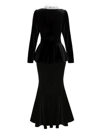 2PCS Haut et jupe sirène en velours et dentelle noir uni des années 1930