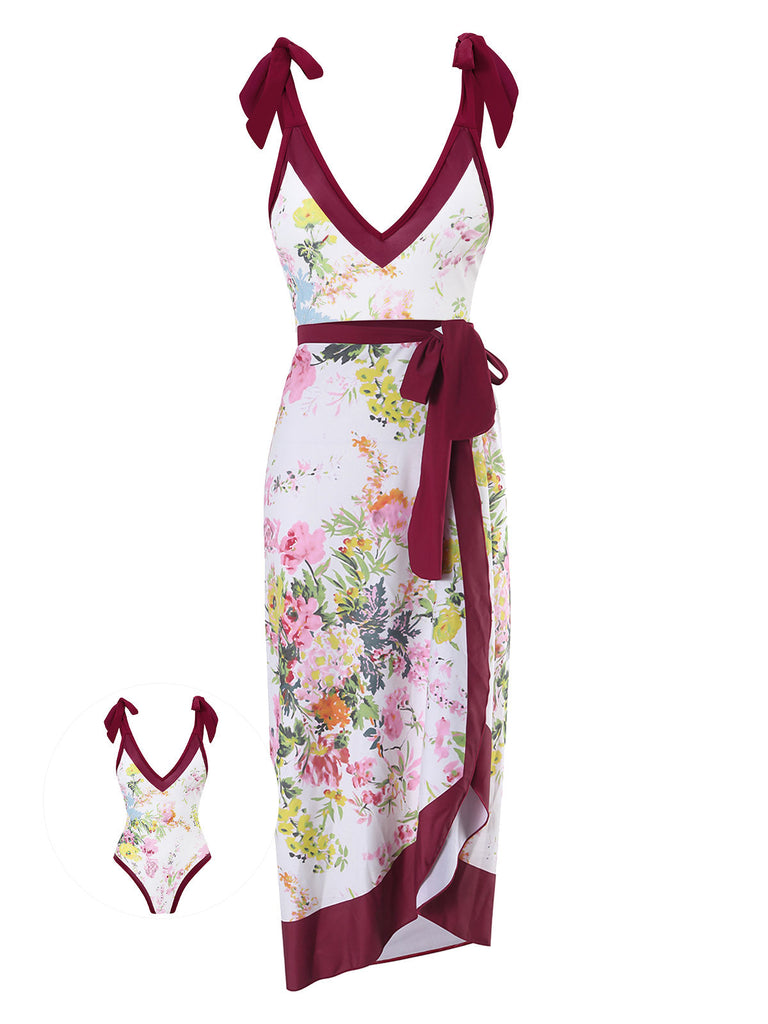 Maillot de bain et cache-maillot à fleurs à col en V des années 1950