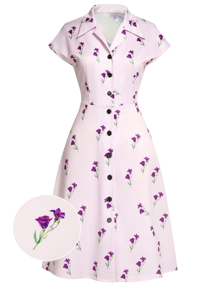 Robe Chemise Violette Florale Boutonnée Années 1940