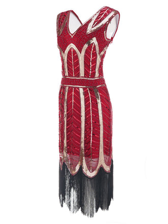 Robe Charleston Vintage Année 20 à Frange Gatsby à Paillettes Col en V Rouge