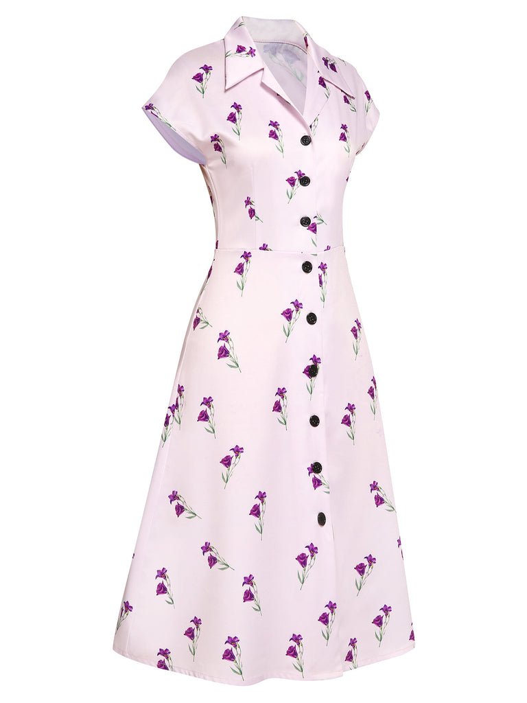 Robe Chemise Violette Florale Boutonnée Années 1940