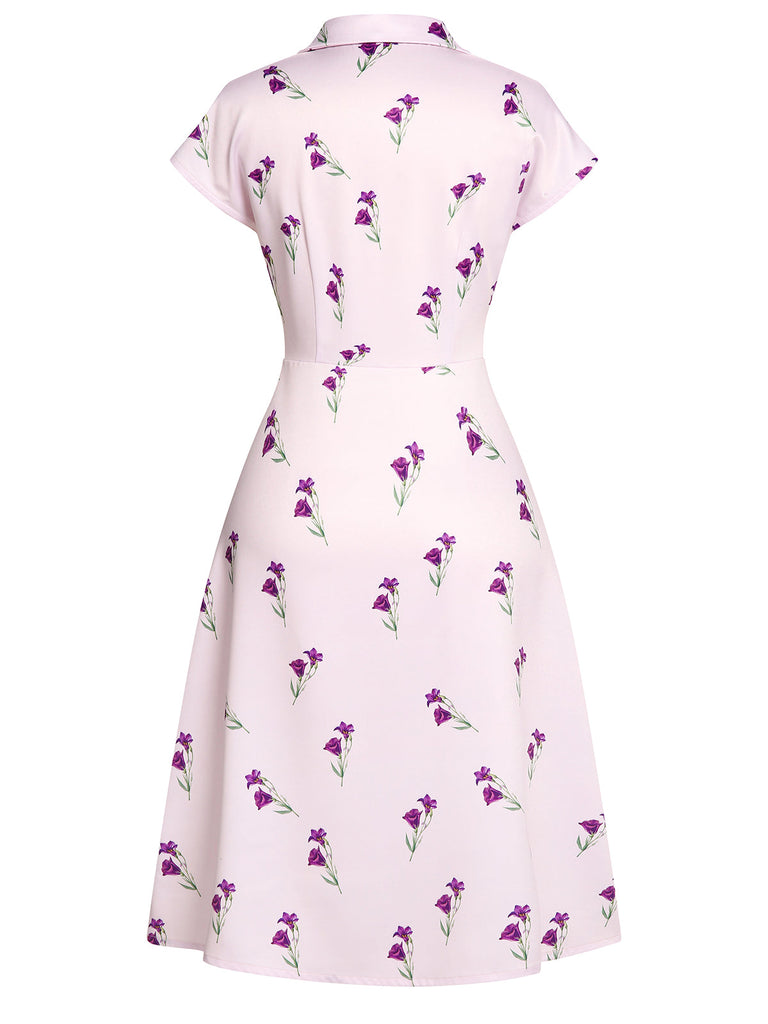 Robe Chemise Violette Florale Boutonnée Années 1940
