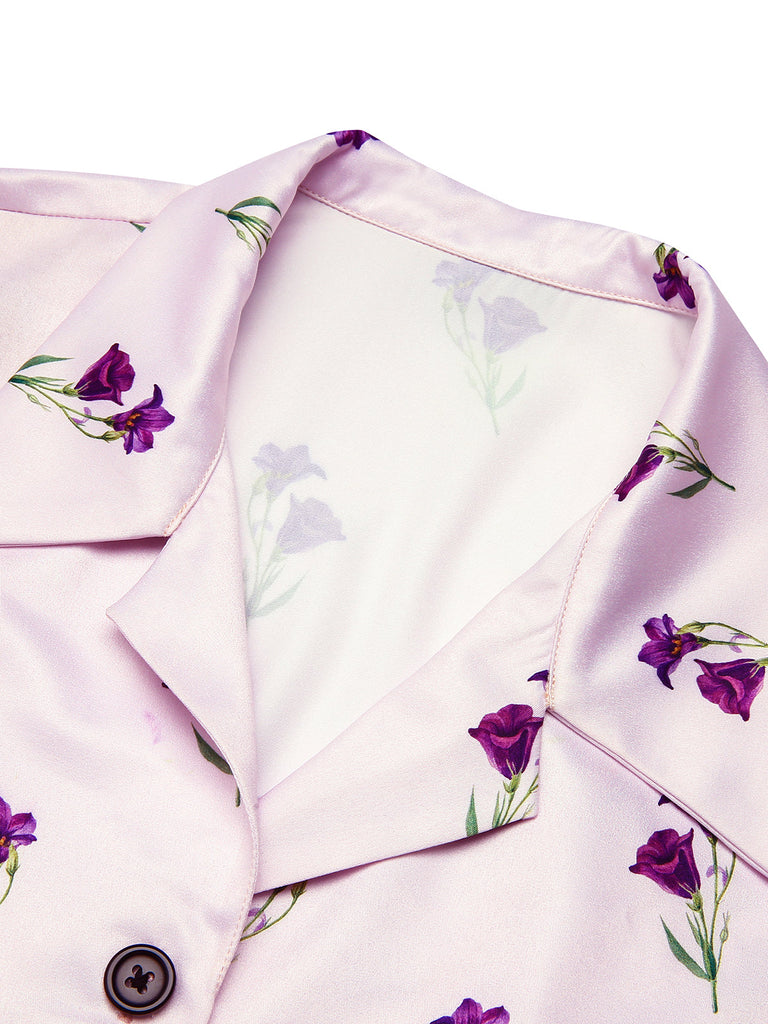 Robe Chemise Violette Florale Boutonnée Années 1940