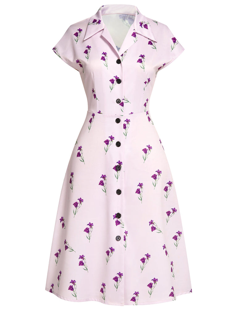 Robe Chemise Violette Florale Boutonnée Années 1940