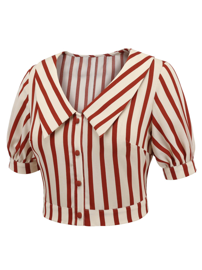 2PCS Chemisier rayé rouge orange et jupe plissée années 1950