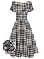 Robe noire ceinturée à manches courtes et pied-de-poule des années 1950