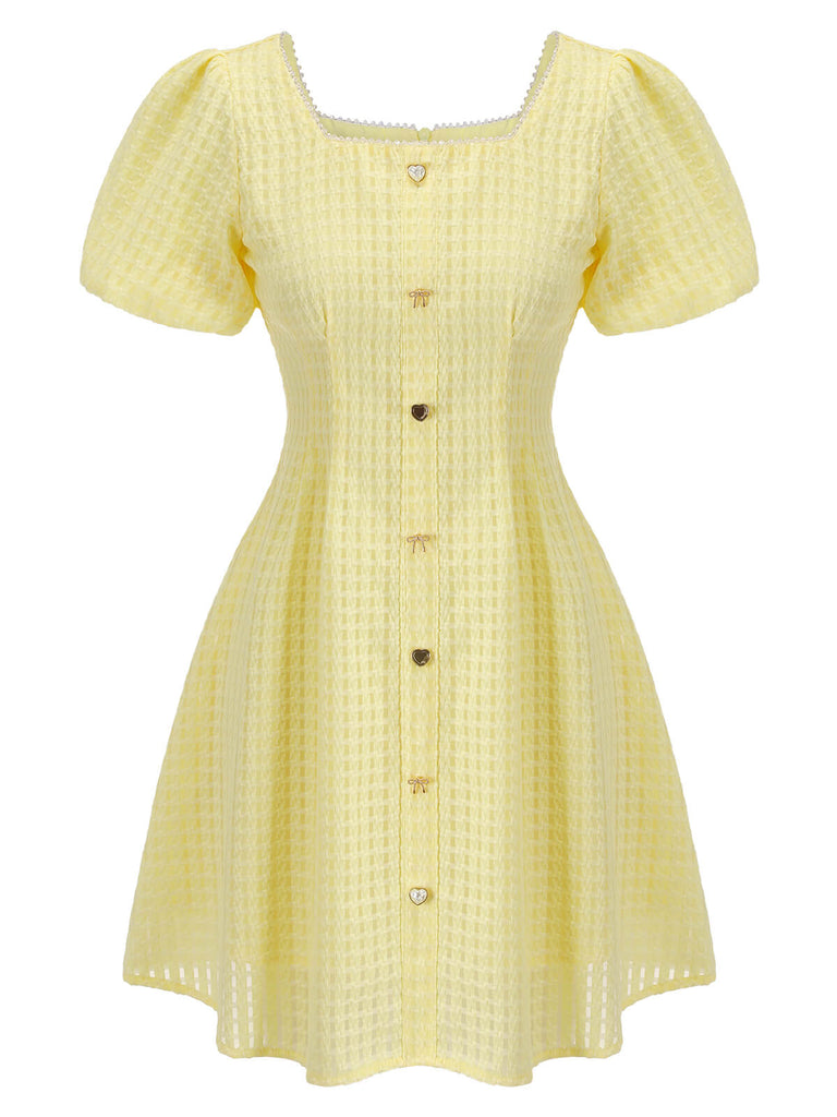 Mini-robe jaune à boutons et col carré des années 1950