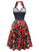 Robe trapèze noire à col licou et squelette rose des années 1950