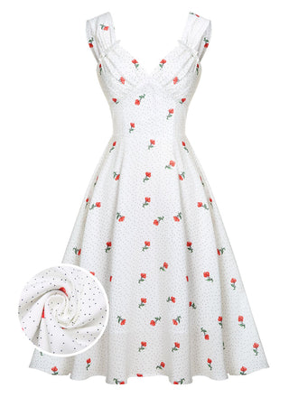Robe blanche à pois en satin imitation cerise des années 1950