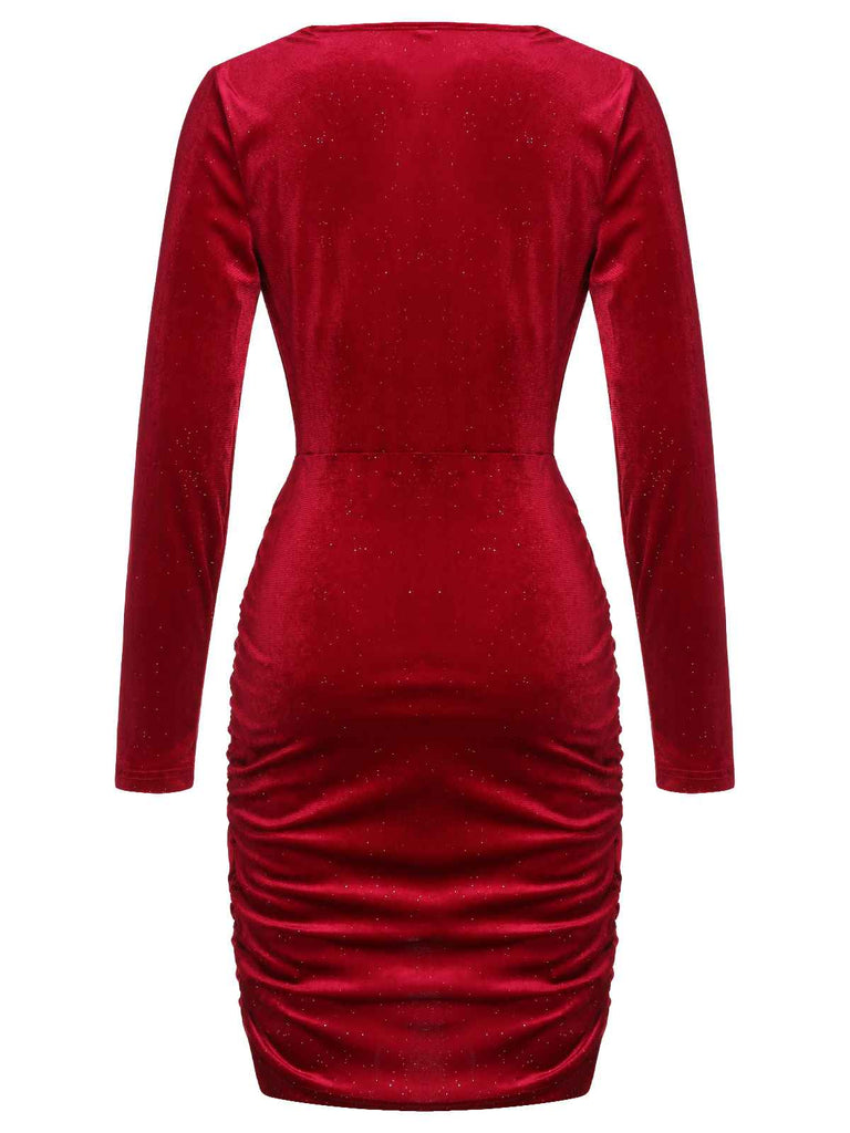 Robe crayon rouge en velours à col swing des années 1960