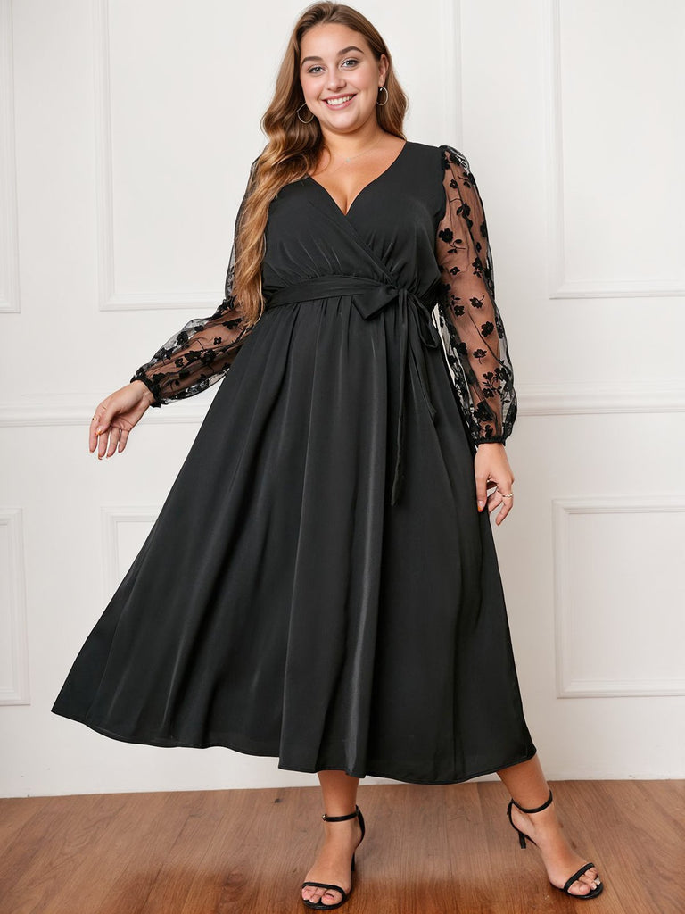 [Grande Taille] Robe noire à manches en maille florale des années 1950