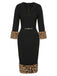 Robe crayon noire à col en V en peluche léopard des années 1960