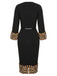 Robe crayon noire à col en V en peluche léopard des années 1960