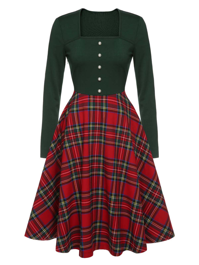 Robe à manches longues à carreaux de Noël des années 1950