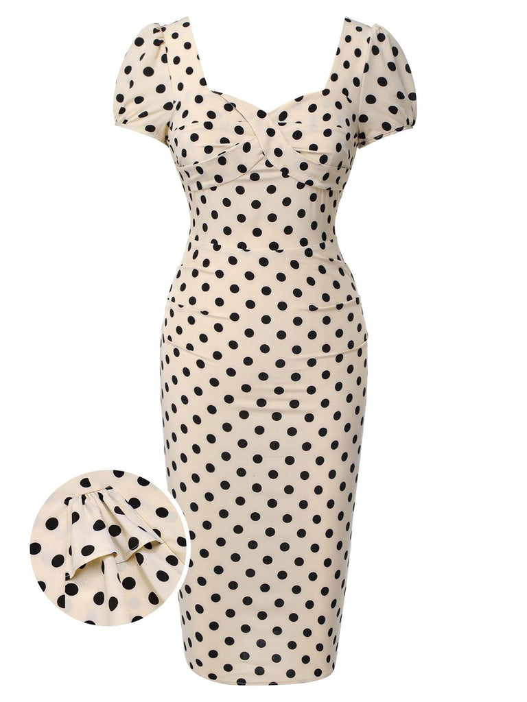 Robe rose pois col carré et manches bouffantes années 1960