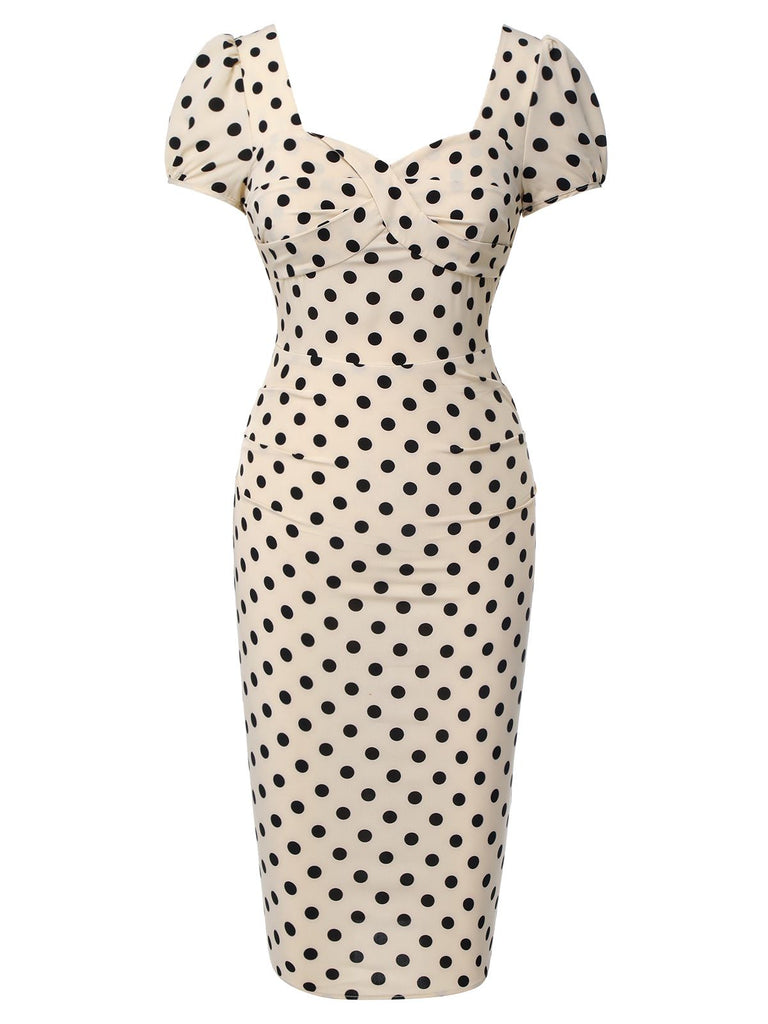 Robe rose pois col carré et manches bouffantes années 1960
