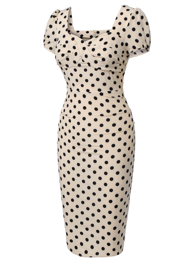 Robe rose pois col carré et manches bouffantes années 1960