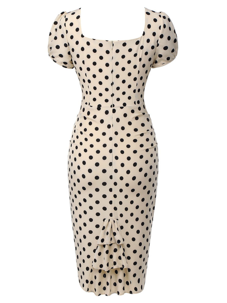 Robe rose pois col carré et manches bouffantes années 1960