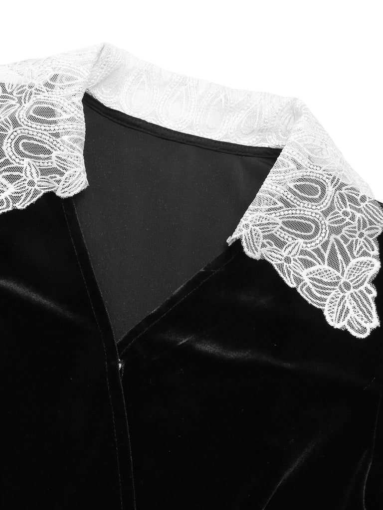 2PCS Haut et jupe sirène en velours et dentelle noir uni des années 1930