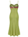 Robe florale brodé verte à bretelles spaghetti des années 1960