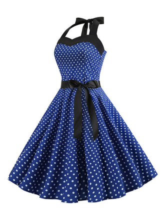 Robe Cocktail à Pois Bleue années 1950