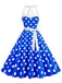 Robe verte trapèze à ceinture licou à pois années 1950