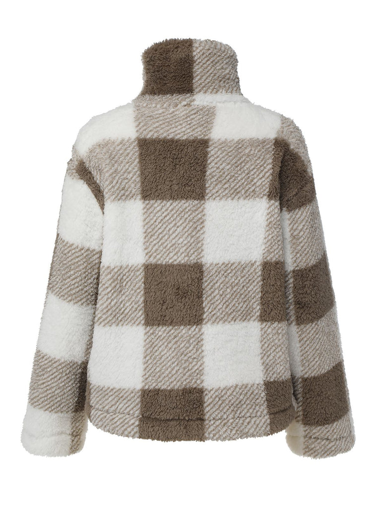 Manteau à carreaux en peluche réversible beige des années 1940