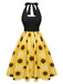 Robe dos nu jaune à carreaux tournesol des années 1950
