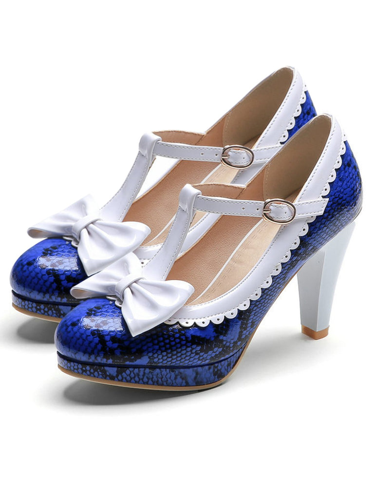 Chaussures Rouge à Talons Chunky Rétro à Bride en T et Nœud Papillon