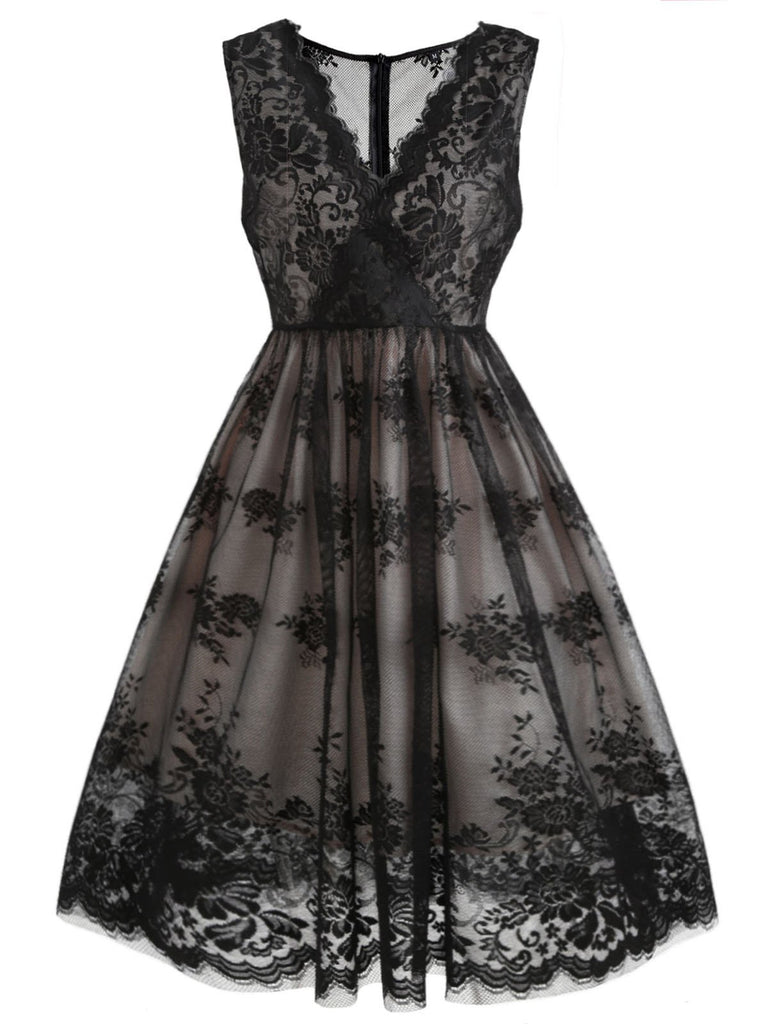Robe Noire Col V Florale Dentelle Année 50