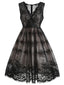 Robe Noire Col V Florale Dentelle Année 50
