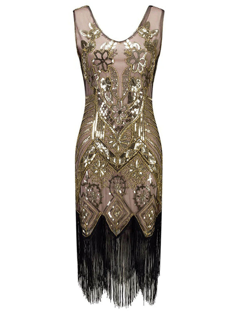 Robe Charleston Vintage Année 20 Gatsby à Fleurs Flapper avec Perles Rose