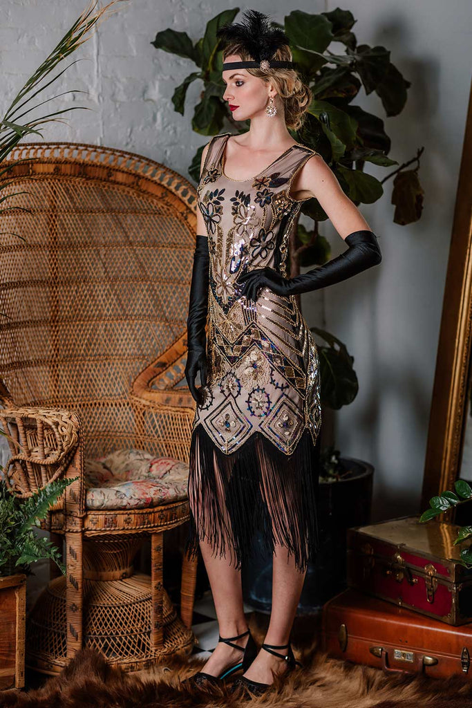 Robe Charleston Vintage Année 20 Gatsby à Fleurs Flapper avec Perles Rose