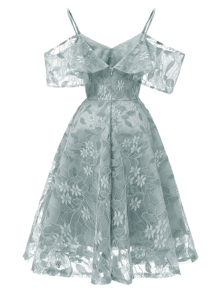 Robe à Bretelle Vintage Rose Année 50 à Volants Dos Nu Dentelle Cocktail