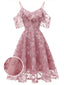 Robe à Bretelle Vintage Rose Année 50 à Volants Dos Nu Dentelle Cocktail