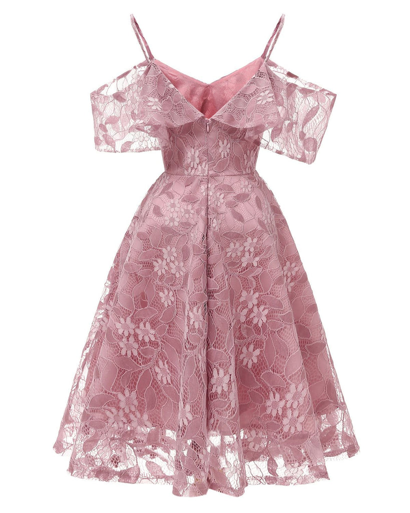 Robe à Bretelle Vintage Rose Année 50 à Volants Dos Nu Dentelle Cocktail