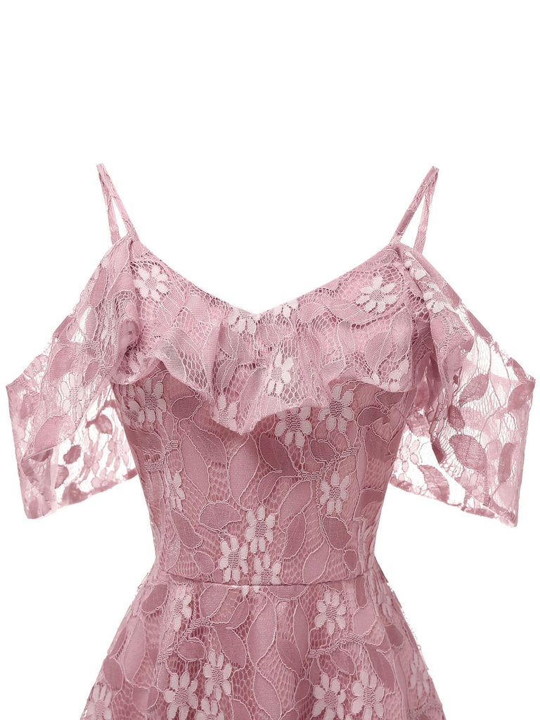 Robe à Bretelle Vintage Rose Année 50 à Volants Dos Nu Dentelle Cocktail