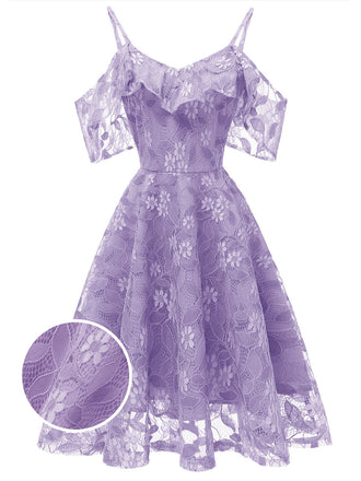 Robe Vintage Année 50 à Volants Dos Nu en Dentelle Violet Cocktail