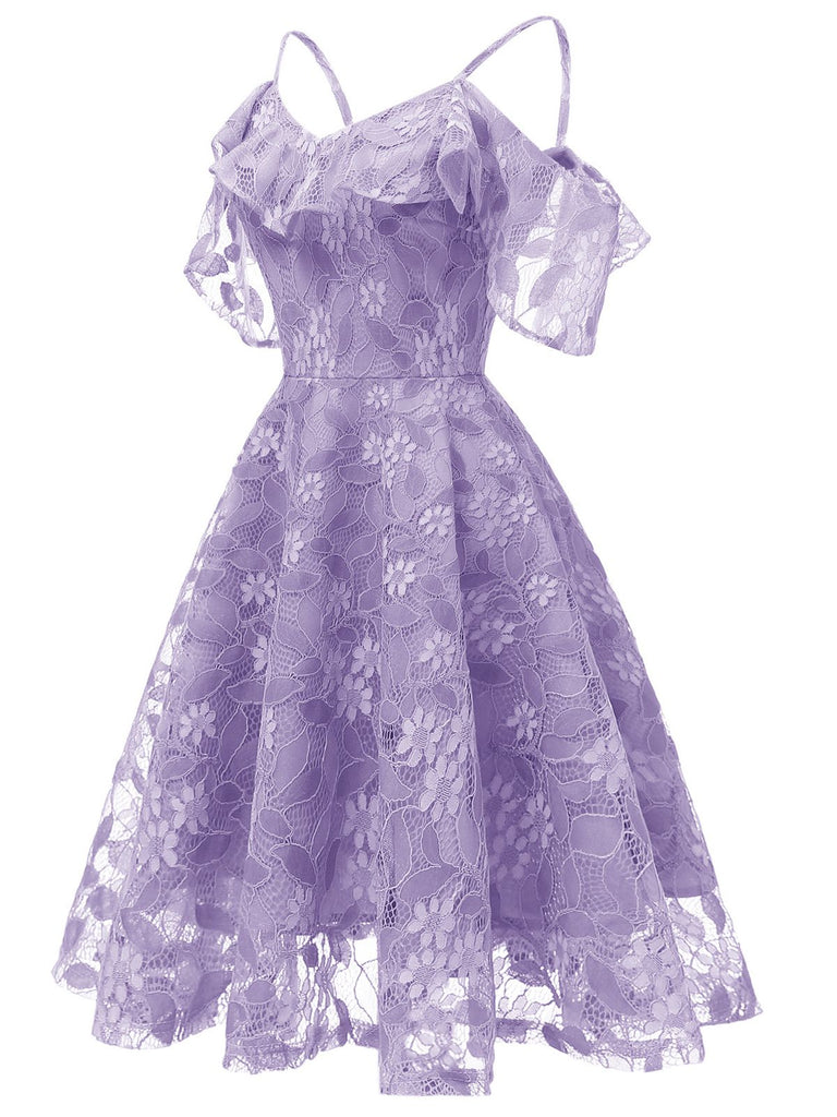 Robe Vintage Année 50 à Volants Dos Nu en Dentelle Violet Cocktail