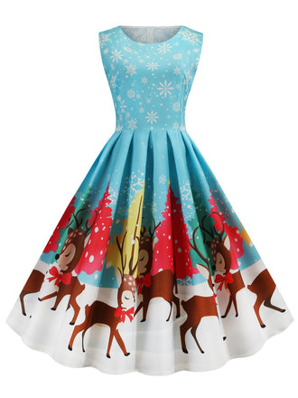 Robe Pour Noël Chic Année 50 Bleu Motifs Renne et flocon de neige