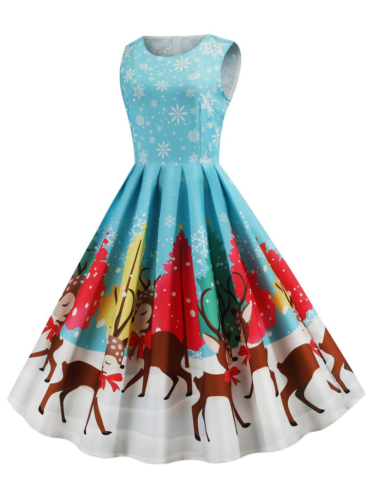 Robe Pour Noël Chic Année 50 Bleu Motifs Renne et flocon de neige
