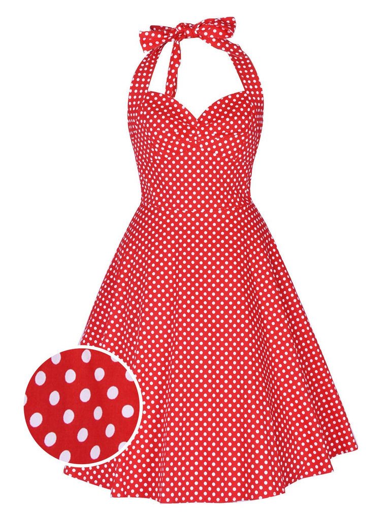 Robe Rouge Vintage à Pois Année 50 À Col Licou Pin Up Cocktail