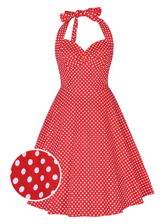 Robe Rouge Vintage à Pois Année 50 À Col Licou Pin Up Cocktail