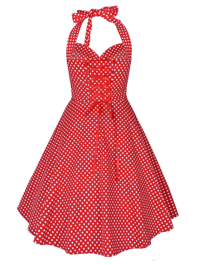 Robe Rouge Vintage à Pois Année 50 À Col Licou Pin Up Cocktail