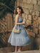 Robe Trapèze Bleu Ciel à Pois et Bretelles Années 1950