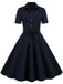 Robe trapèze bleu marine à lacets et revers des années 1950 Cocktail Chic
