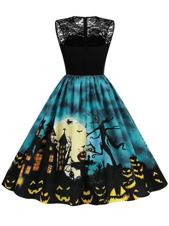 Robe patchwork en dentelle de château d'Halloween des années 1950 bleue