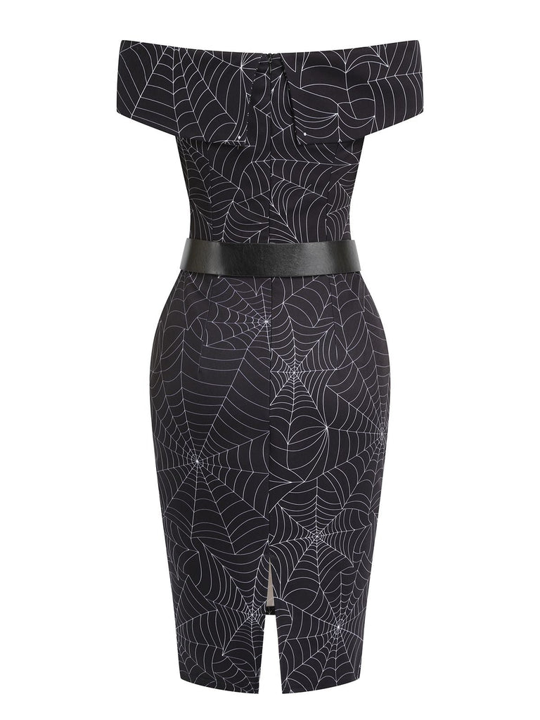 Robe noire à épaules dénudées en toile d'araignée années 1960