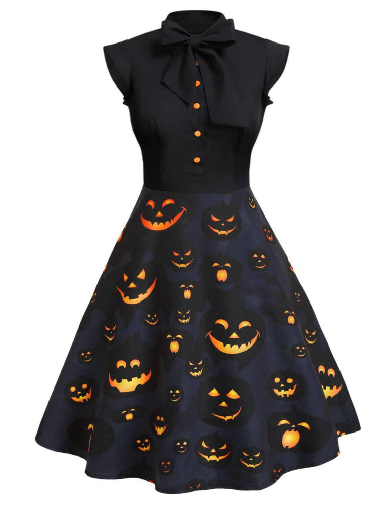 Robe noire Imprimé Citrouilles d'Halloween des années 1950
