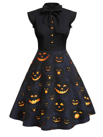 Robe noire Imprimé Citrouilles d'Halloween des années 1950